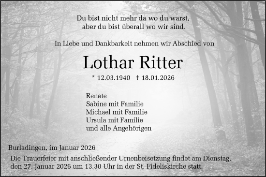 Traueranzeige von Lothar Ritter von SÜDWEST PRESSE Zollernalbkreis/Hohenzollerische Zeitung