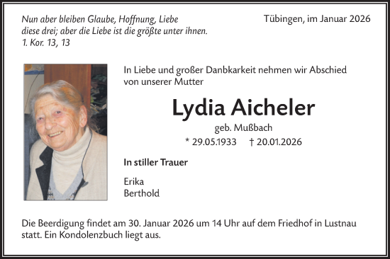 Traueranzeige von Lydia Aicheler von Schwäbische Tagblatt