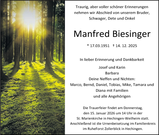 Traueranzeige von Manfred Biesinger von SÜDWEST PRESSE Zollernalbkreis/Hohenzollerische Zeitung