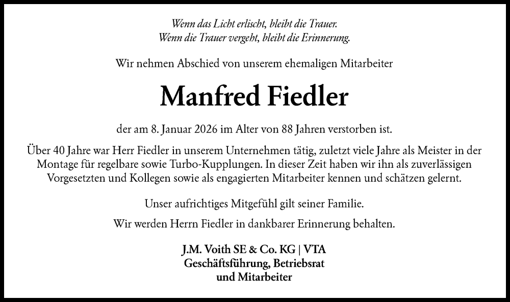  Traueranzeige für Manfred Fiedler vom 14.01.2026 aus Hohenloher Tagblatt