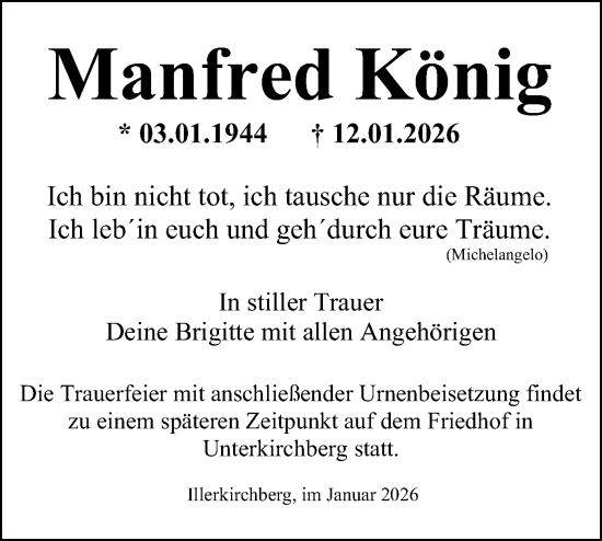 Traueranzeige von Manfred König von SÜDWEST PRESSE Ausgabe Ulm/Neu-Ulm