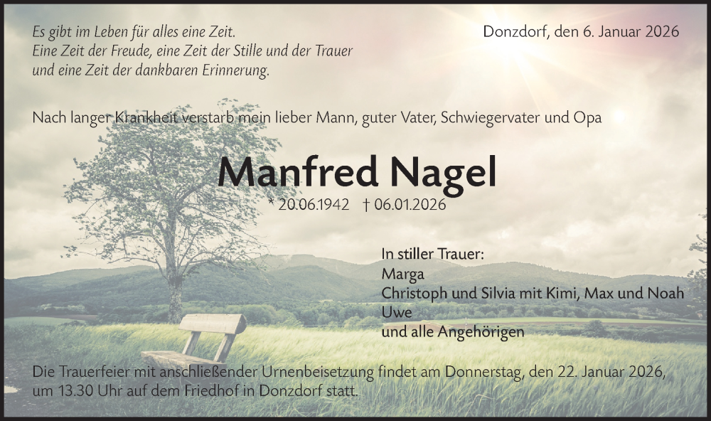  Traueranzeige für Manfred Nagel vom 17.01.2026 aus NWZ Neue Württembergische Zeitung
