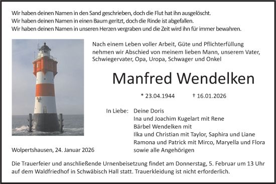 Traueranzeige von Manfred Wendelken von Haller Tagblatt