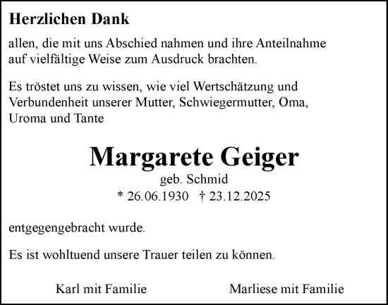 Traueranzeige von Margarete Geiger von SÜDWEST PRESSE Ausgabe Ulm/Neu-Ulm