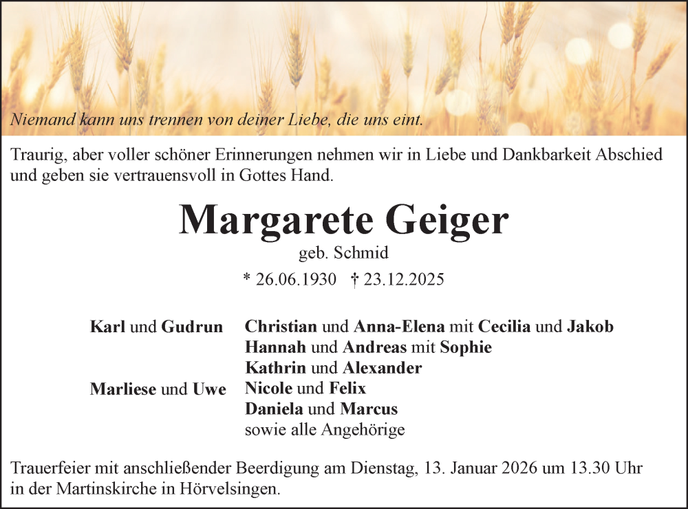 Traueranzeige für Margarete Geiger vom 08.01.2026 aus SÜDWEST PRESSE Ausgabe Ulm/Neu-Ulm