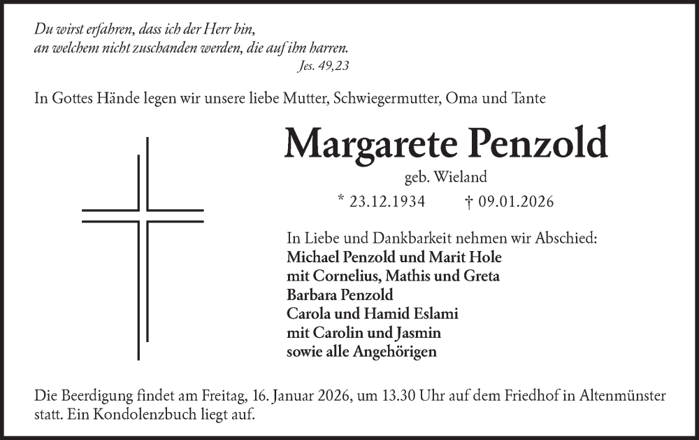  Traueranzeige für Margarete Penzold vom 14.01.2026 aus Hohenloher Tagblatt