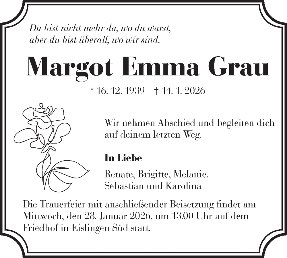  Traueranzeige für Margot Emma Grau vom 24.01.2026 aus NWZ Neue Württembergische Zeitung