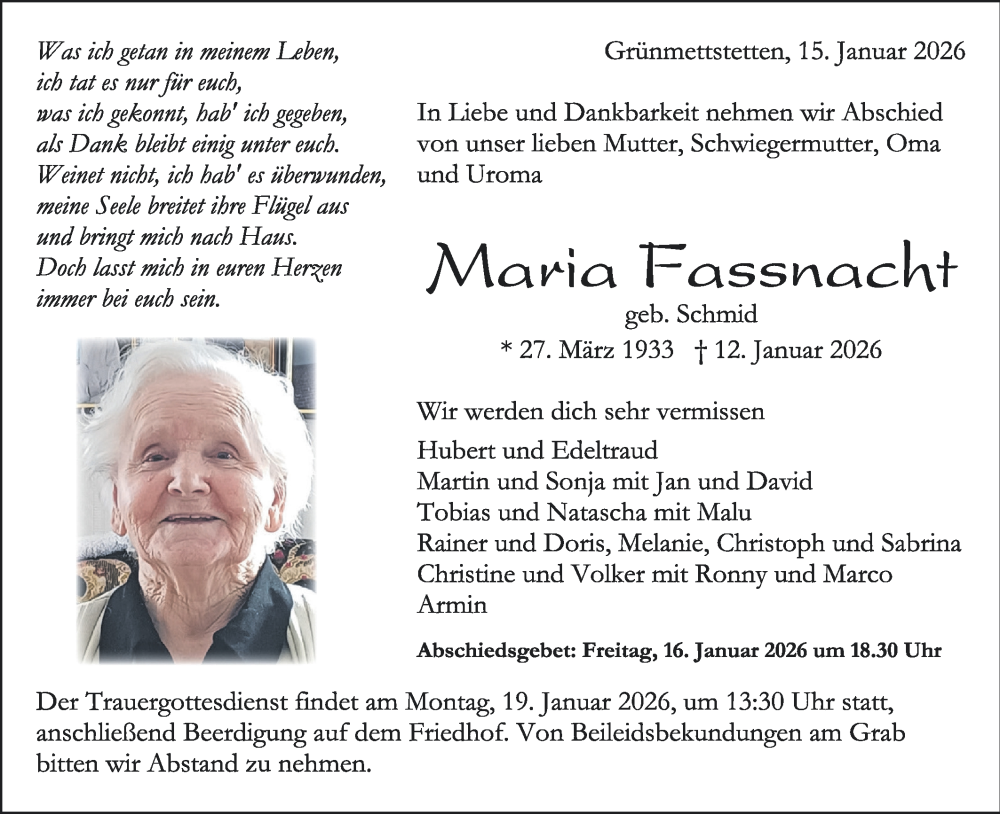  Traueranzeige für Maria Fassnacht vom 15.01.2026 aus Neckar-Chronik