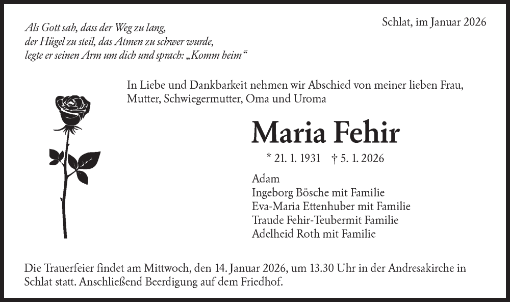  Traueranzeige für Maria Fehir vom 10.01.2026 aus NWZ Neue Württembergische Zeitung