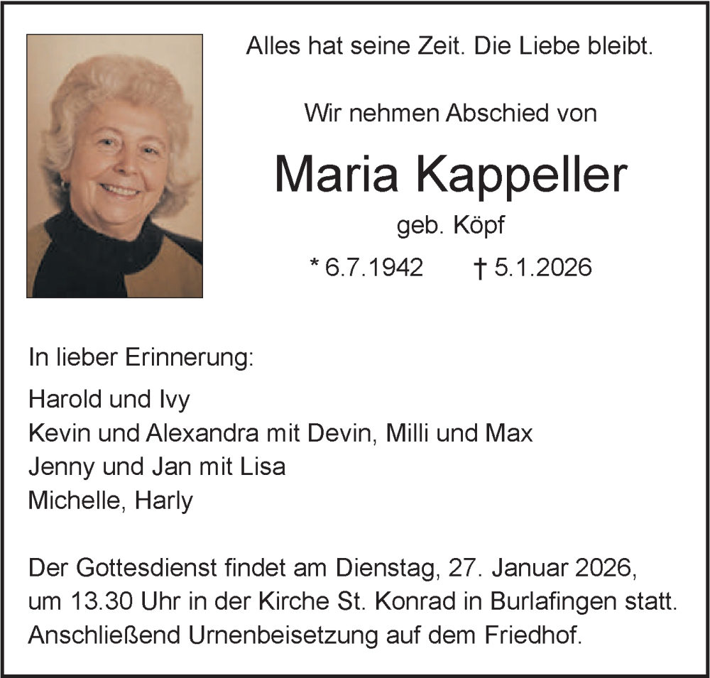  Traueranzeige für Maria Kappeller vom 17.01.2026 aus SÜDWEST PRESSE Ausgabe Ulm/Neu-Ulm