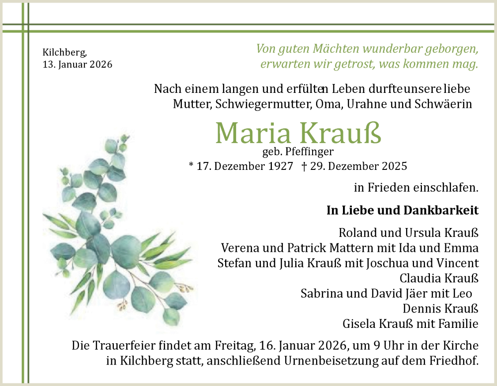  Traueranzeige für Maria Krauß vom 13.01.2026 aus Schwäbische Tagblatt