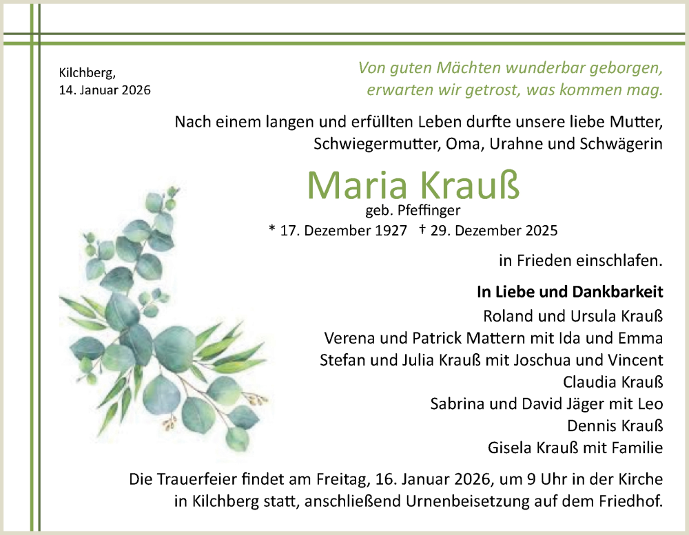  Traueranzeige für Maria Krauß vom 14.01.2026 aus Schwäbische Tagblatt