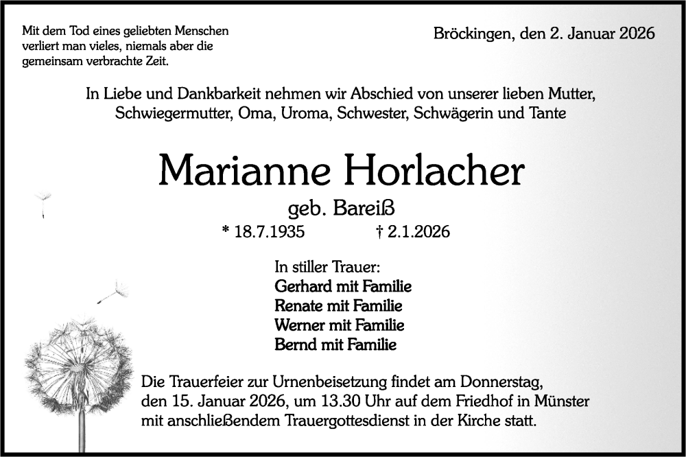  Traueranzeige für Marianne Horlacher vom 10.01.2026 aus Rundschau Gaildorf