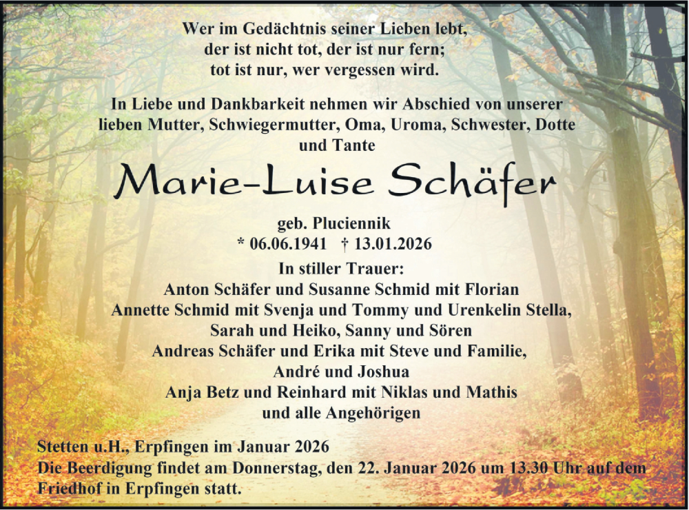  Traueranzeige für Marie-Luise Schäfer vom 17.01.2026 aus SÜDWEST PRESSE Zollernalbkreis/Hohenzollerische Zeitung