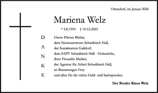 Traueranzeige von Mariena Welz von Rundschau Gaildorf