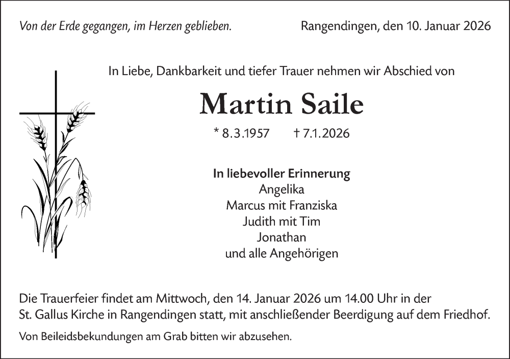  Traueranzeige für Martin Saile vom 10.01.2026 aus SÜDWEST PRESSE Zollernalbkreis/Hohenzollerische Zeitung