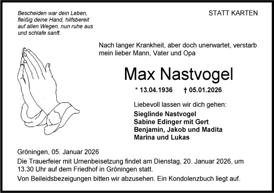 Traueranzeige von Max Nastvogel von Hohenloher Tagblatt