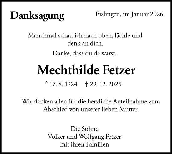 Traueranzeige von Mechthilde Fetzer von NWZ Neue Württembergische Zeitung