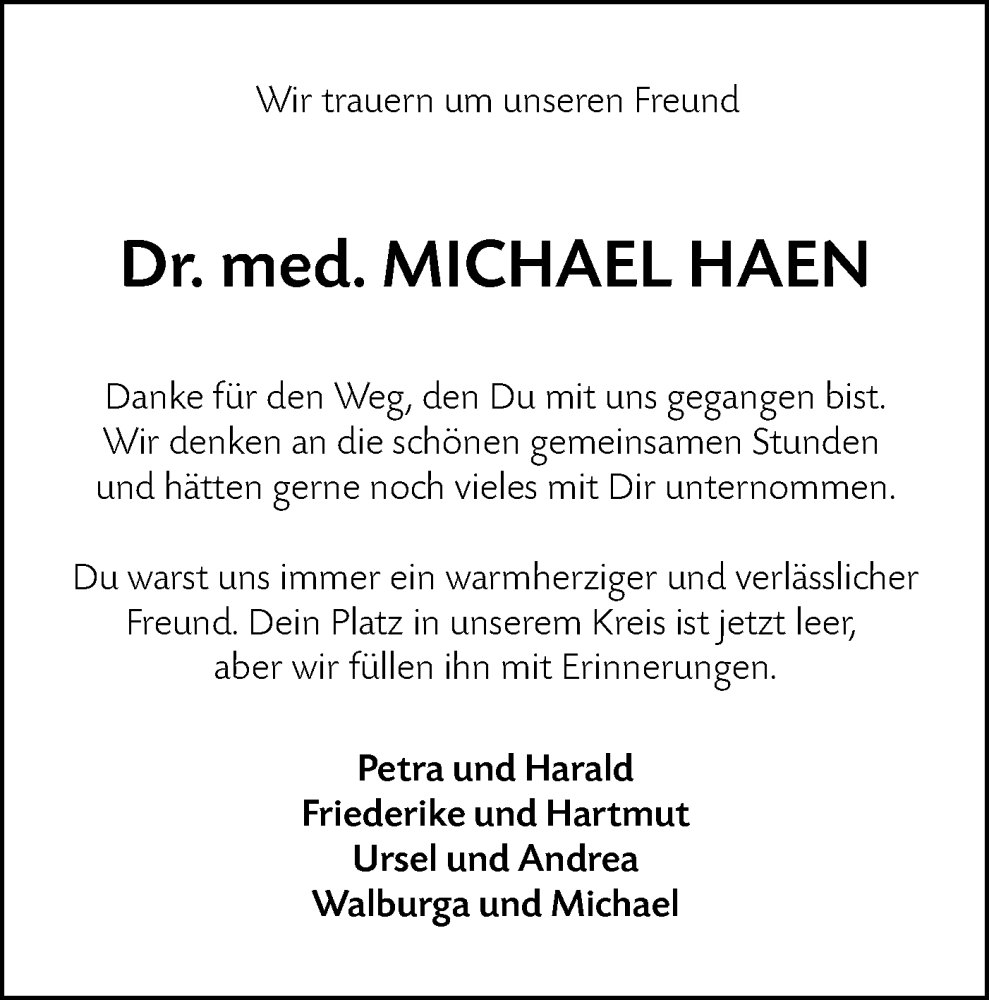  Traueranzeige für Michael Haen vom 24.01.2026 aus Schwäbische Tagblatt