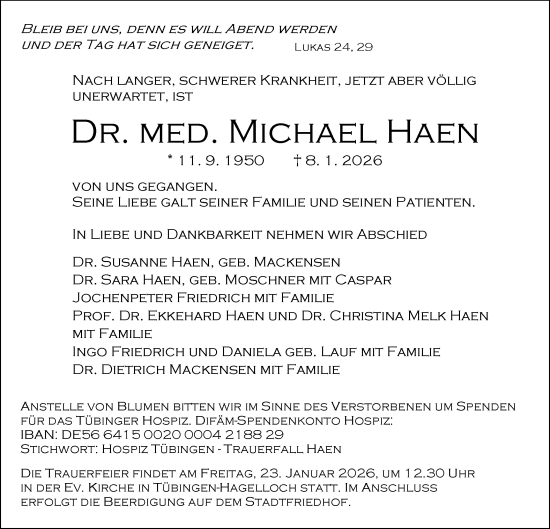 Traueranzeige von Michael Haen von Schwäbische Tagblatt