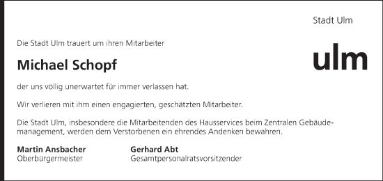 Traueranzeige von Michael Schopf von SÜDWEST PRESSE Ausgabe Ulm/Neu-Ulm