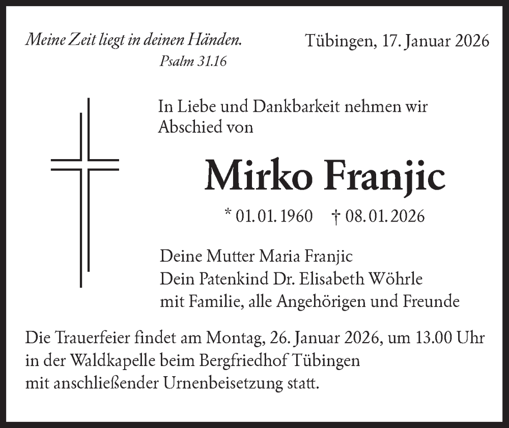  Traueranzeige für Mirko Franjic vom 17.01.2026 aus Schwäbische Tagblatt