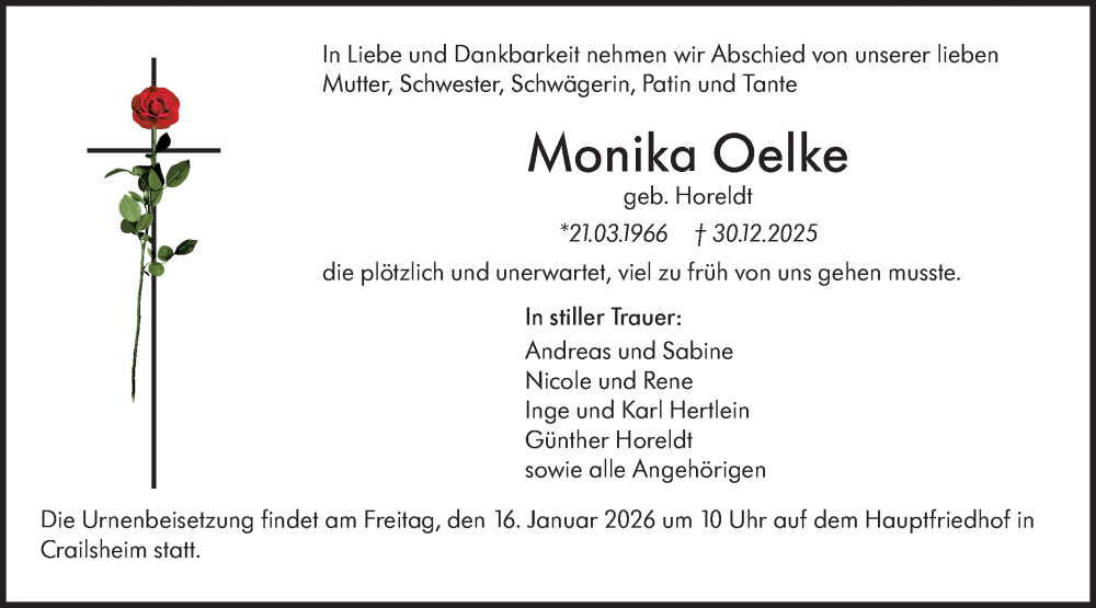  Traueranzeige für Monika Oelke vom 14.01.2026 aus Hohenloher Tagblatt