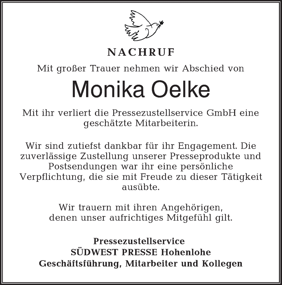  Traueranzeige für Monika Oelke vom 17.01.2026 aus Hohenloher Tagblatt