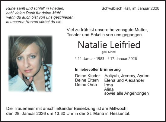 Traueranzeige von Natalie Leifried von Haller Tagblatt