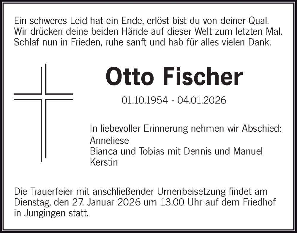  Traueranzeige für Otto Fischer vom 24.01.2026 aus SÜDWEST PRESSE Ausgabe Ulm/Neu-Ulm