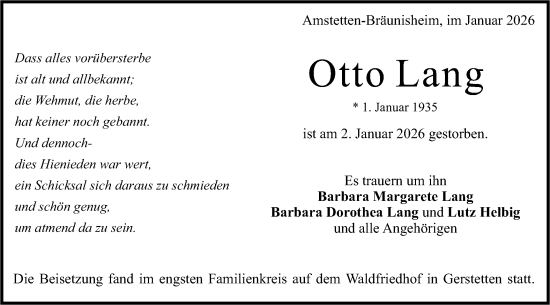 Traueranzeige von Otto Lang von Geislinger Zeitung