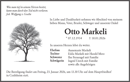 Traueranzeige von Otto Markeli von Hohenloher Tagblatt