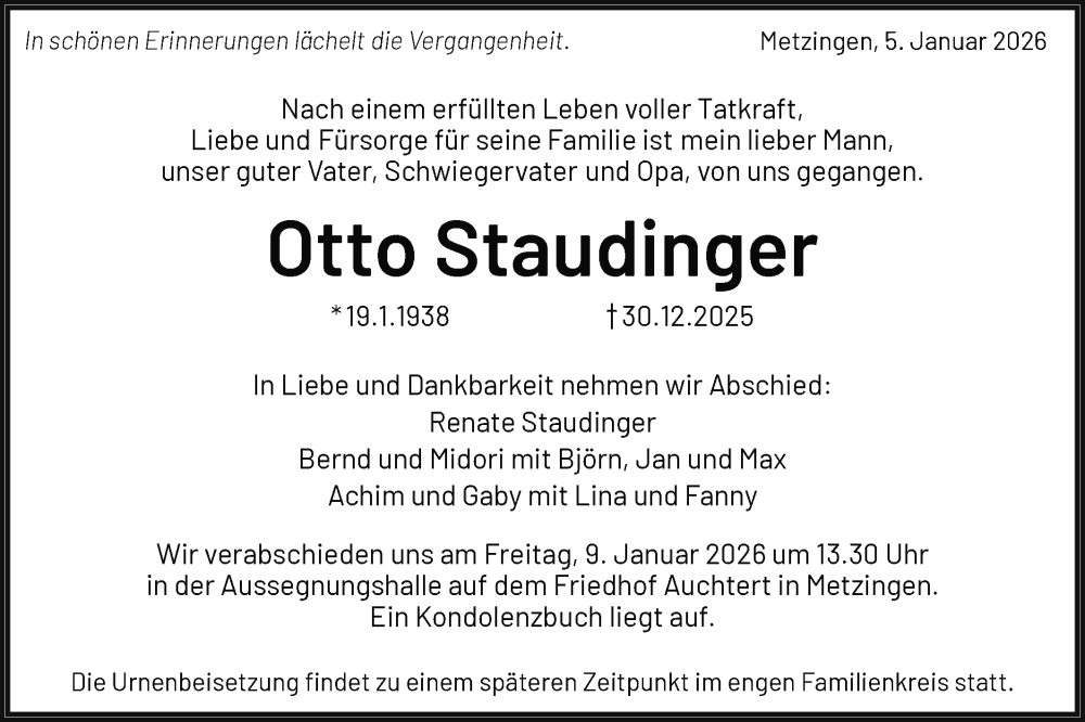  Traueranzeige für Otto Staudinger vom 05.01.2026 aus Alb-Bote/Metzinger-Uracher Volksblatt