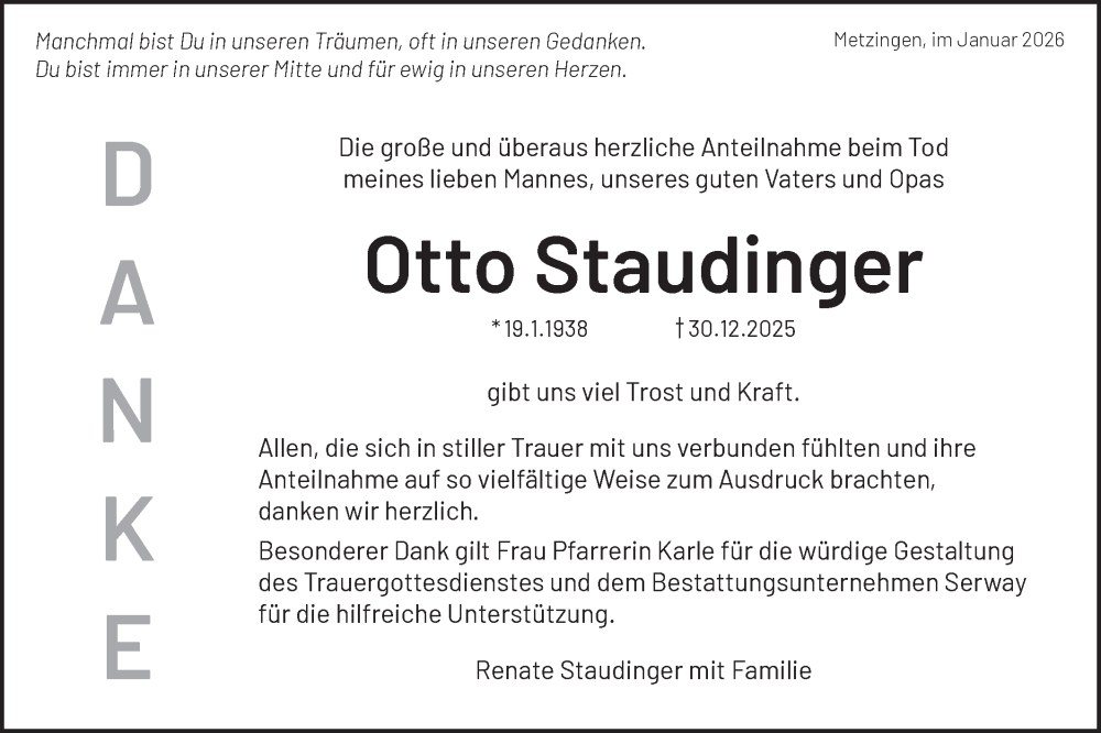  Traueranzeige für Otto Staudinger vom 16.01.2026 aus Alb-Bote/Metzinger-Uracher Volksblatt