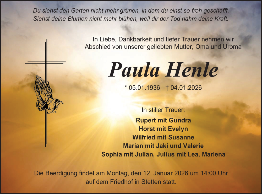  Traueranzeige für Paula Henle vom 10.01.2026 aus SÜDWEST PRESSE Zollernalbkreis/Hohenzollerische Zeitung