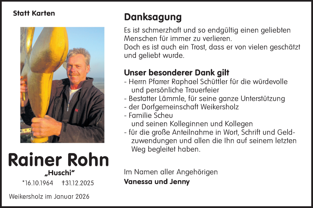  Traueranzeige für Rainer Rohn vom 24.01.2026 aus Hohenloher Tagblatt