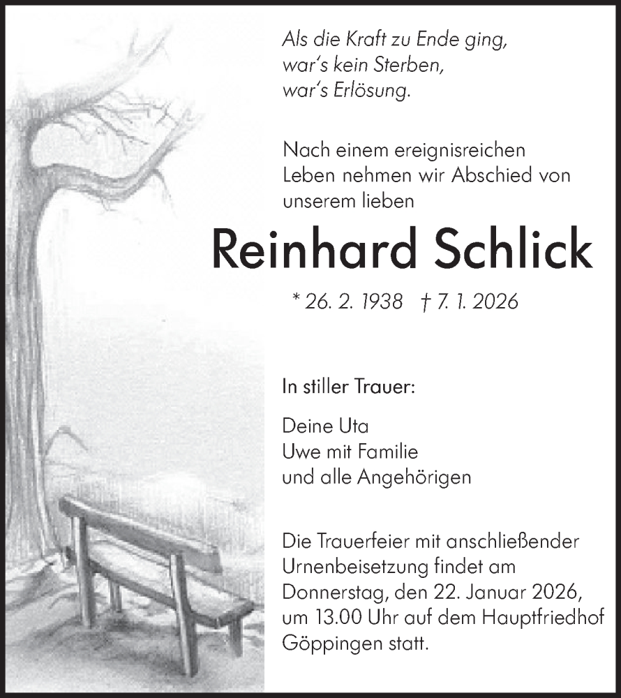  Traueranzeige für Reinhard Schlick vom 17.01.2026 aus NWZ Neue Württembergische Zeitung