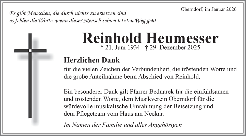  Traueranzeige für Reinhold Heumesser vom 15.01.2026 aus Schwäbische Tagblatt