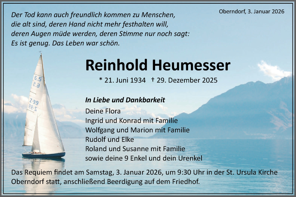  Traueranzeige für Reinhold Heumesser vom 03.01.2026 aus Schwäbische Tagblatt
