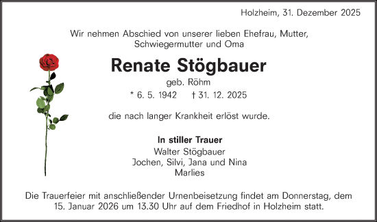 Traueranzeige von Renate Stögbauer von NWZ Neue Württembergische Zeitung
