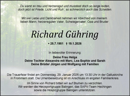 Traueranzeige von Richard Gühring von SÜDWEST PRESSE Zollernalbkreis/Hohenzollerische Zeitung