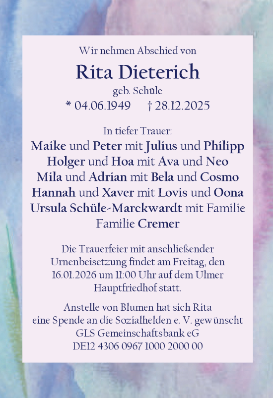 Traueranzeige von Rita Dieterich von SÜDWEST PRESSE Ausgabe Ulm/Neu-Ulm