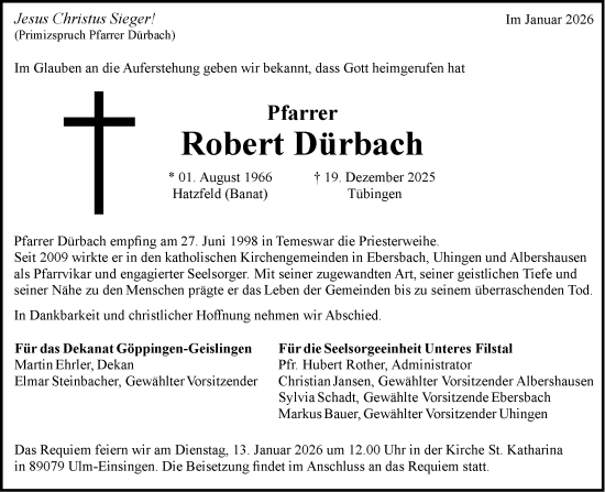 Traueranzeige von Robert Dürbach von NWZ Neue Württembergische Zeitung/Geislinger Zeitung