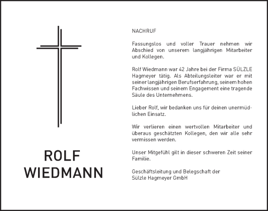 Traueranzeige von Rolf Wiedmann von Geislinger Zeitung