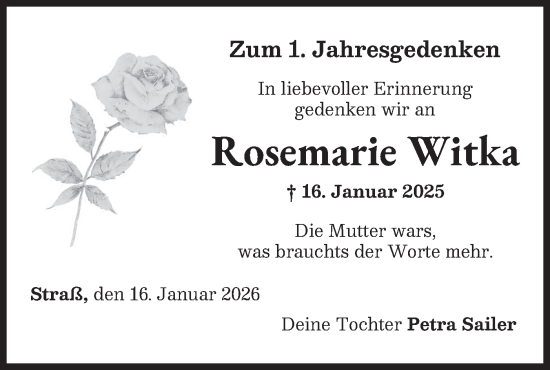 Traueranzeige von Rosemarie Witka von SÜDWEST PRESSE Ausgabe Ulm/Neu-Ulm
