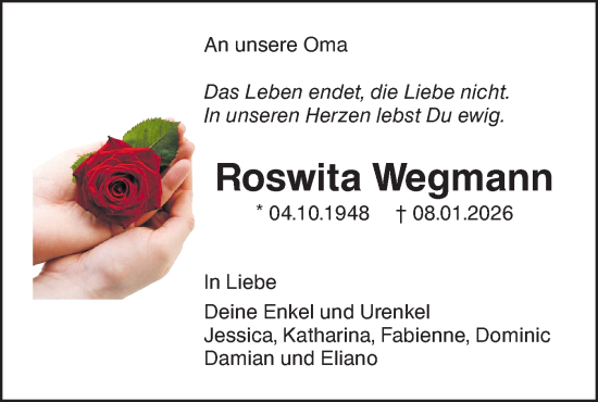Traueranzeige von Roswita Wegmann von Hohenloher Tagblatt