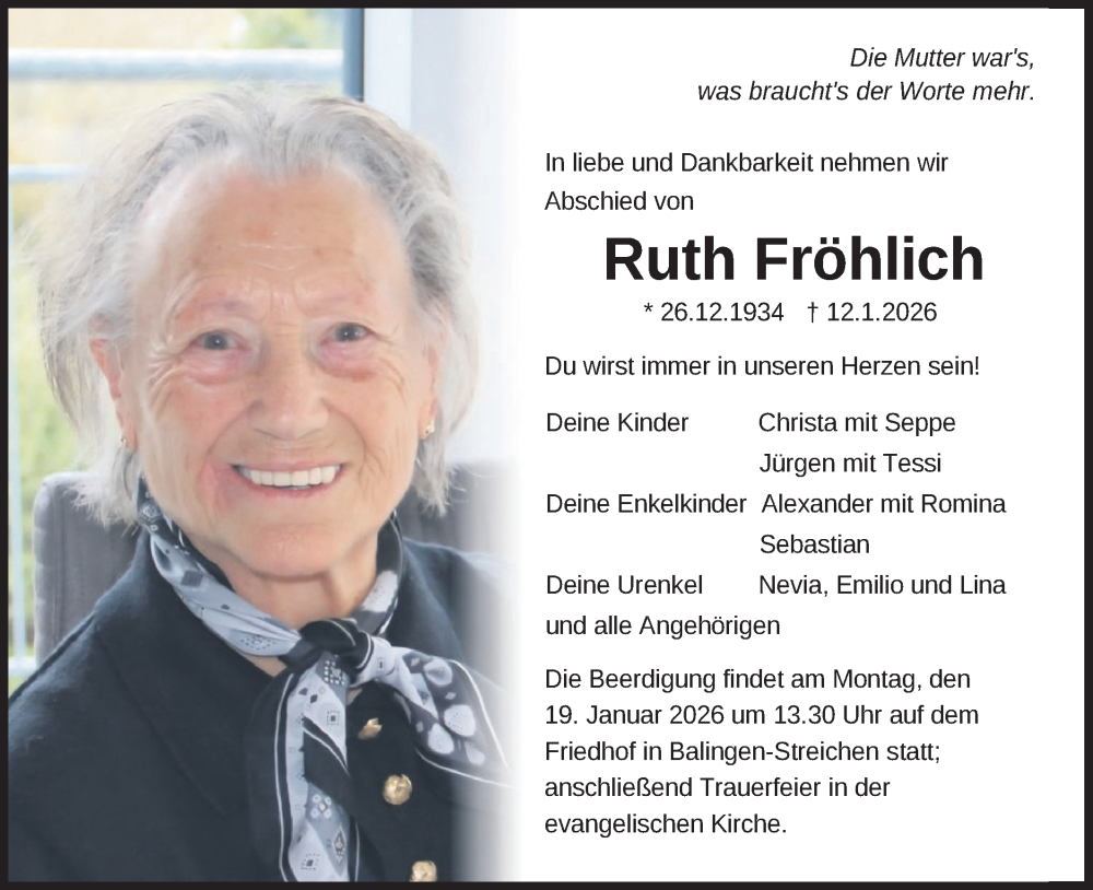  Traueranzeige für Ruth Fröhlich vom 16.01.2026 aus SÜDWEST PRESSE Zollernalbkreis/Hohenzollerische Zeitung