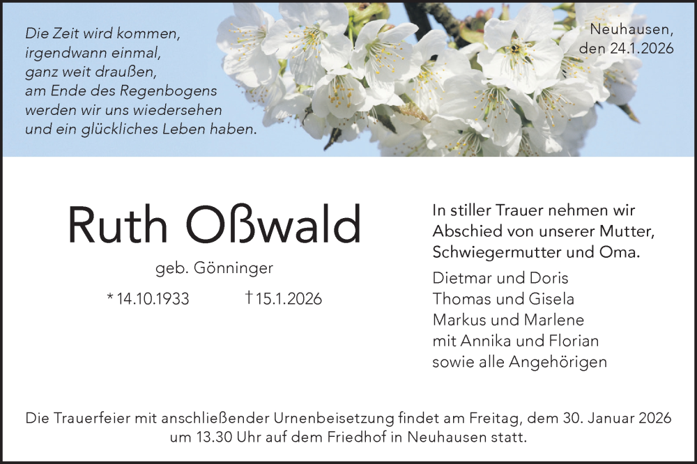  Traueranzeige für Ruth Oßwald vom 24.01.2026 aus Alb-Bote/Metzinger-Uracher Volksblatt