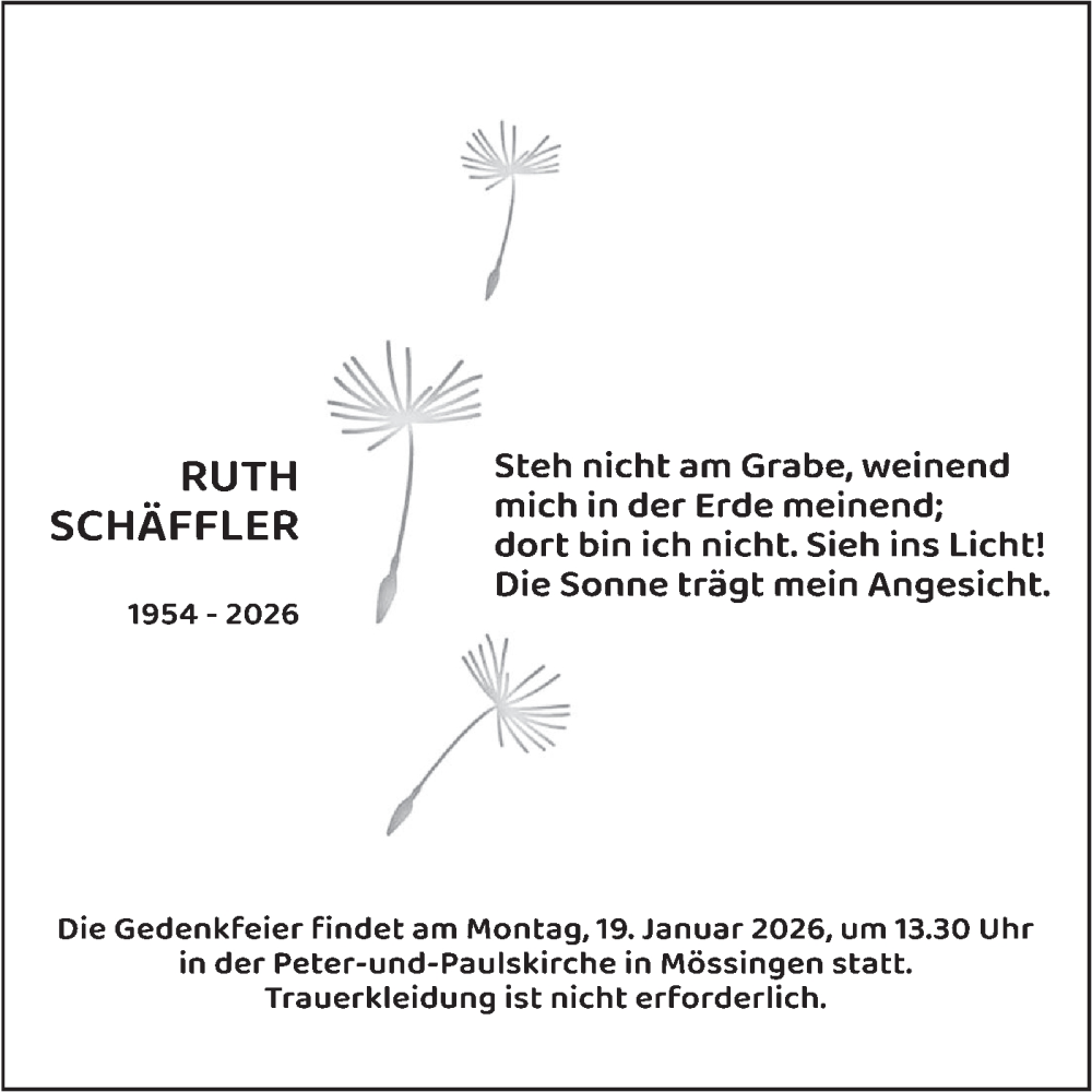  Traueranzeige für Ruth Schäffler vom 14.01.2026 aus Schwäbische Tagblatt