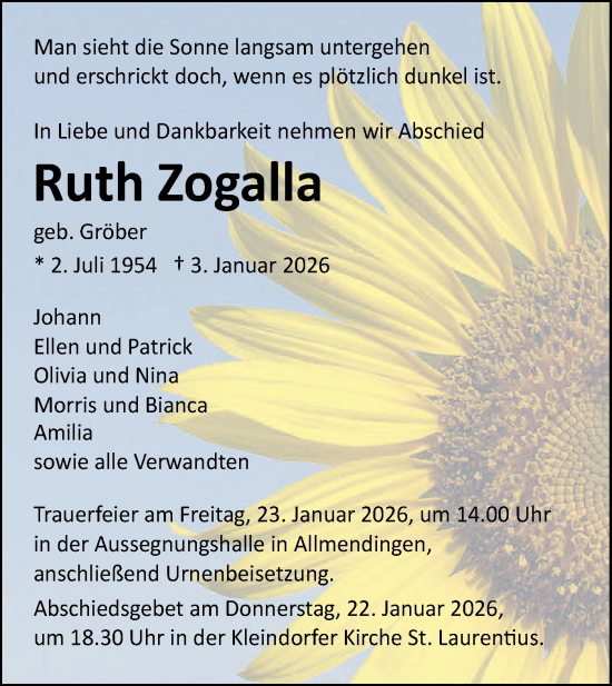 Traueranzeige von Ruth Zogalla von Ehinger Tagblatt